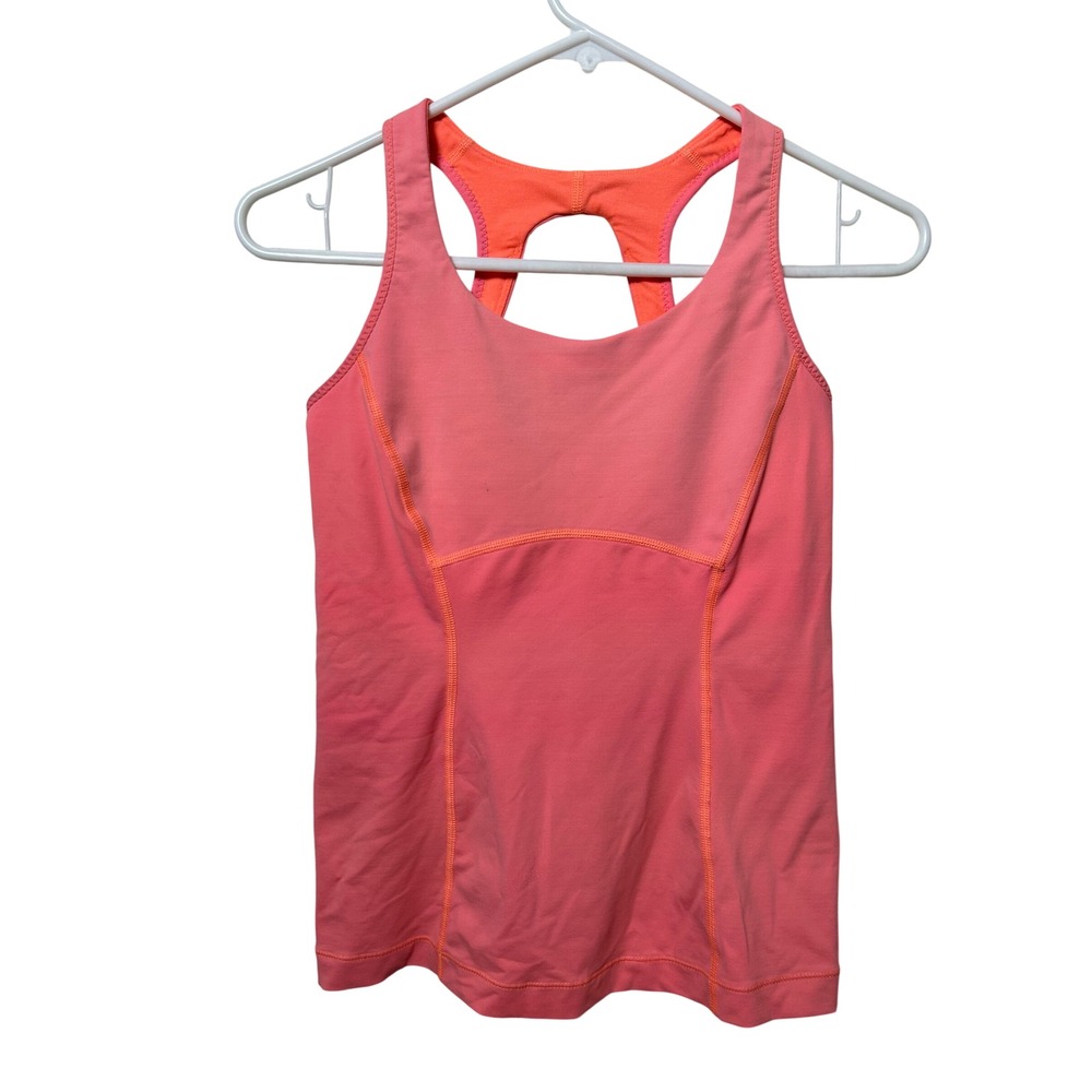 Lululemon Coral Pink Neon Racerback Tank Top Shelf Bra Mesh Back Workout Gym